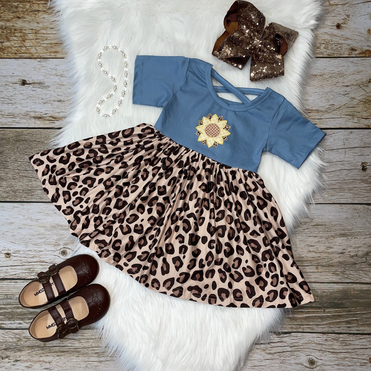 Embroidered Sunflower & Stretch Denim CrissCross Dress
