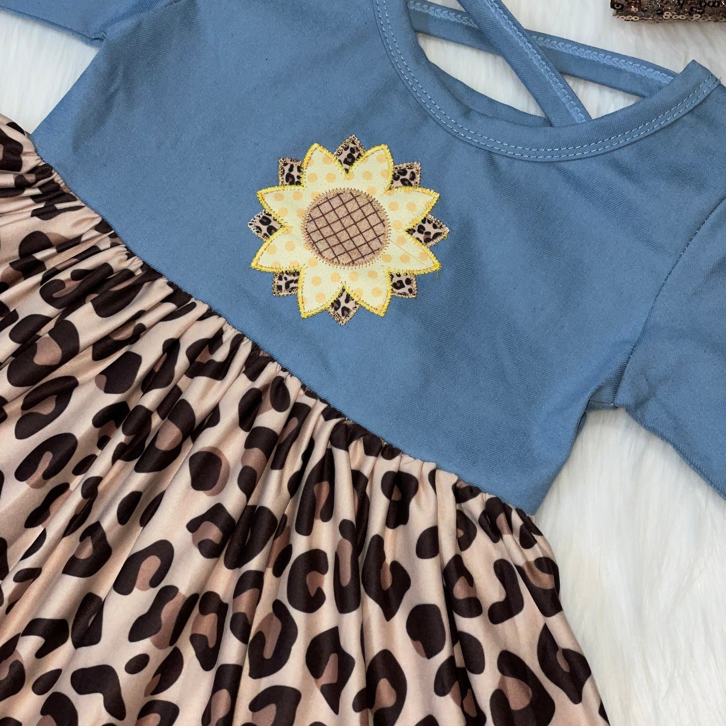 Embroidered Sunflower & Stretch Denim CrissCross Dress