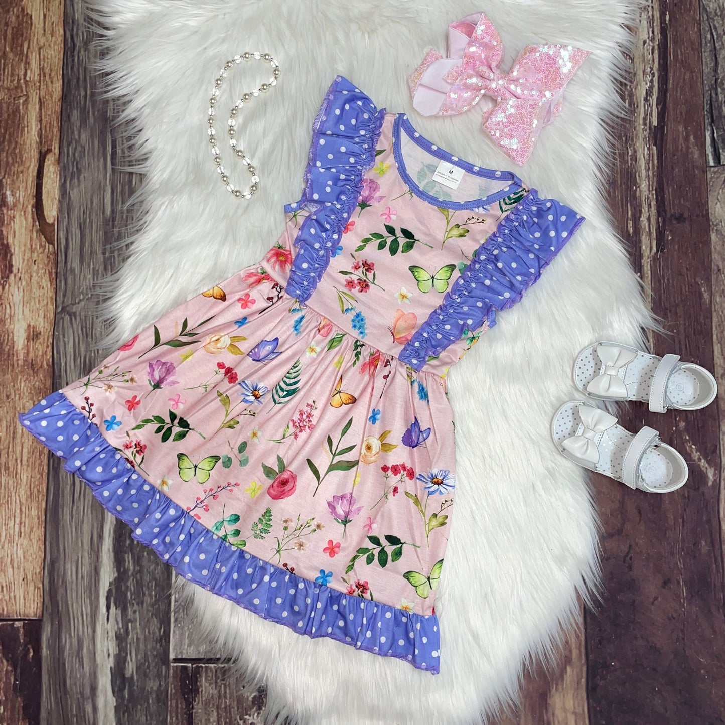 Lilac Polka Dot & Floral Print Ruffle Sleeveless Dress
