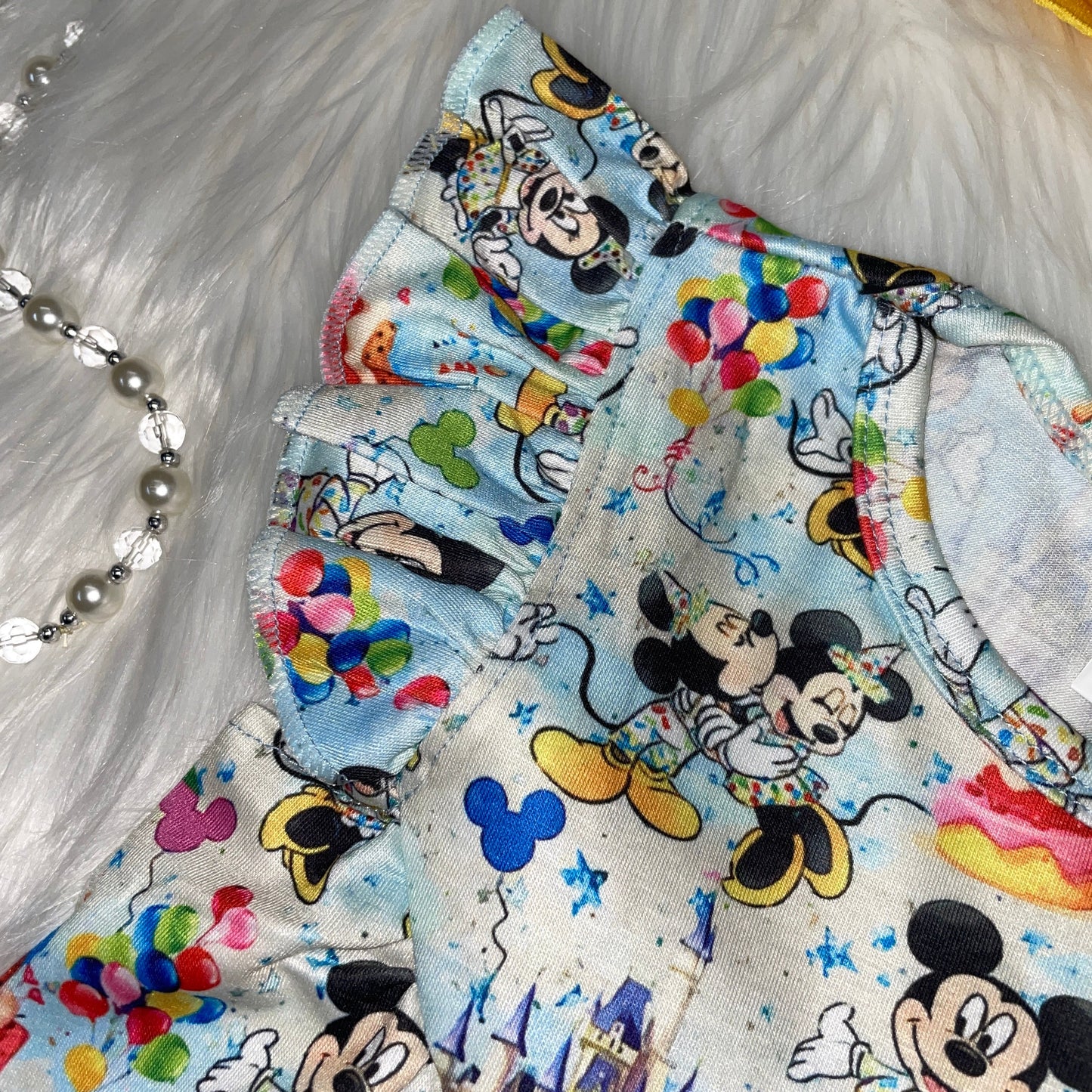 Birthday Mouse Printed Flutter Sleeve Baby Doll Dress