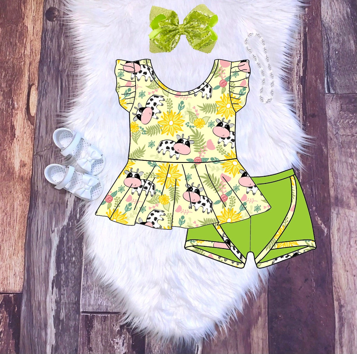 Floral Farm Cow Printed Flutter Sleeve Peplum & Shorties