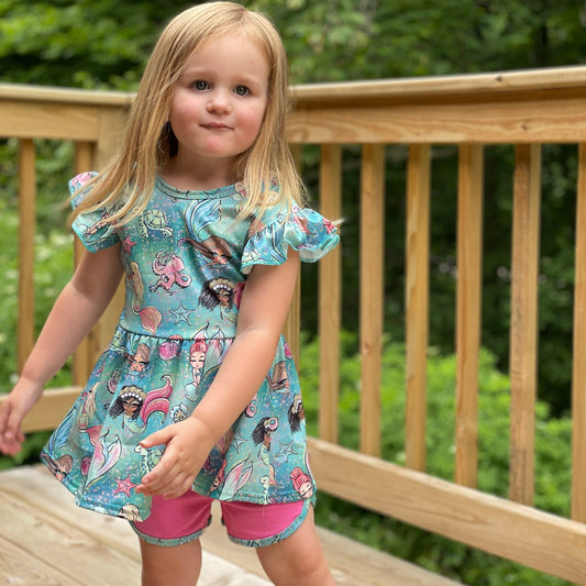 Mermaid Print Flutter Sleeve Peplum Set