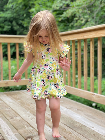 Floral Farm Cow Printed Flutter Sleeve Peplum & Shorties