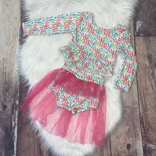 Christmas Theme - Very Merry Ruffle Tulle Bummie Set - Pink