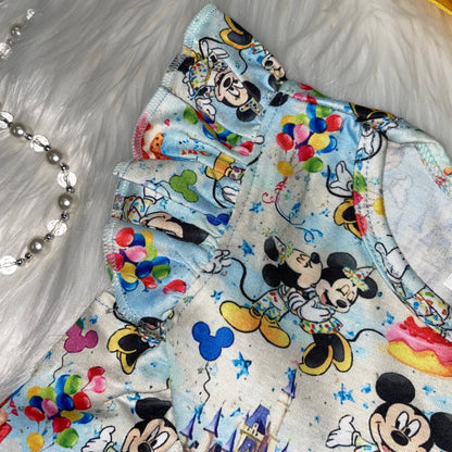 Birthday Mouse Printed Flutter Sleeve Baby Doll Dress