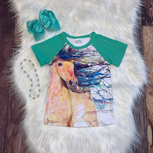 Girl's Green Raglan - Horse