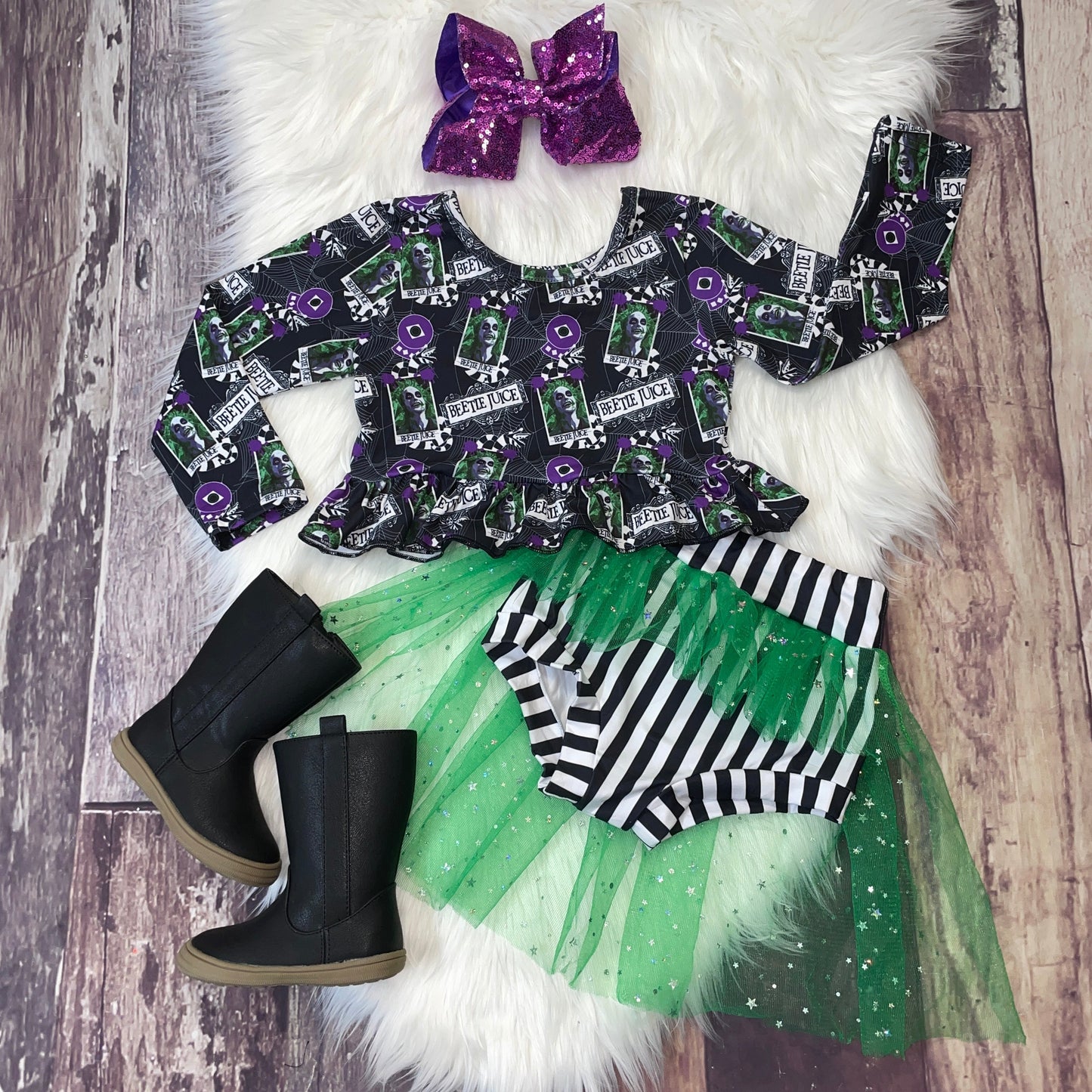 Halloween Theme Ruffle Tulle Bummie Set - Purple & Green