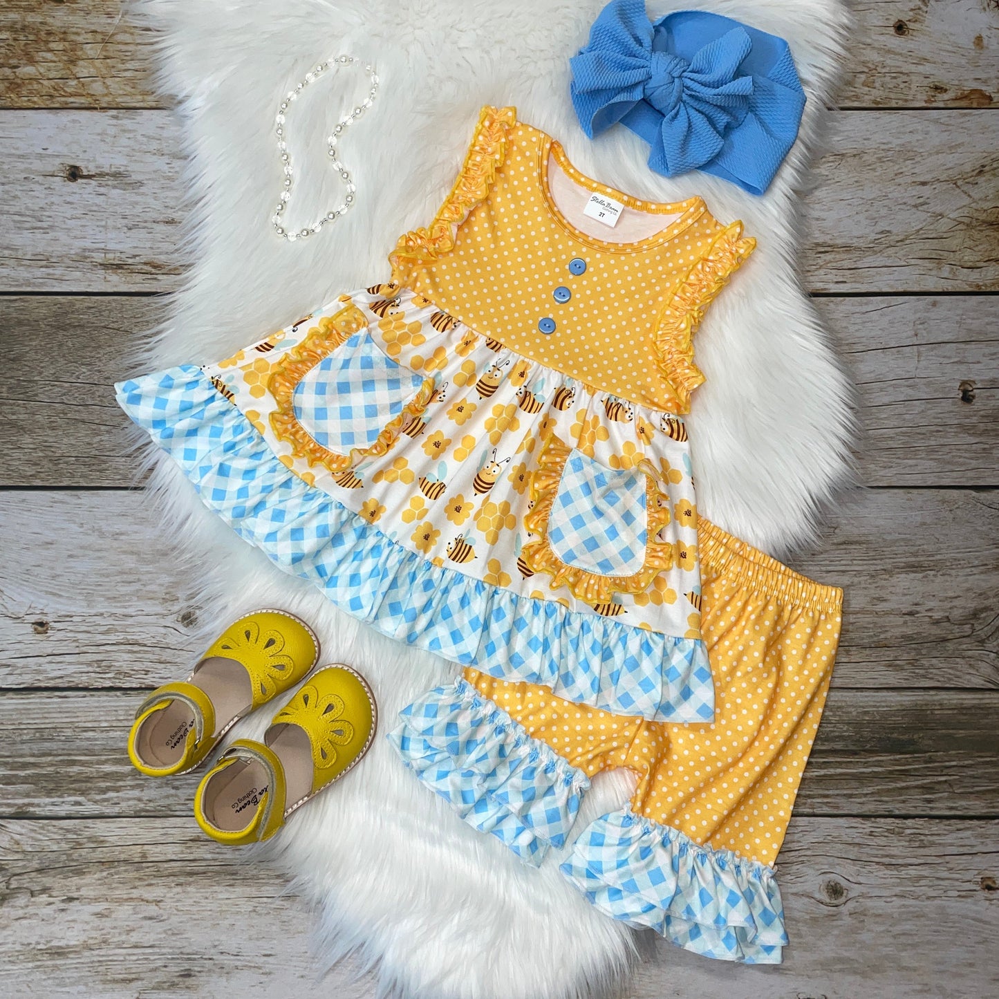 Yellow Bumble Bee Tunic and Short Set with Blue Check Print Ruffle