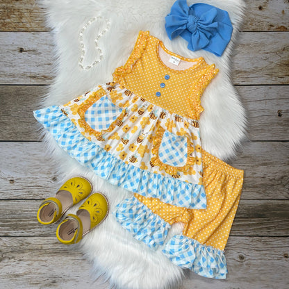 Yellow Bumble Bee Tunic and Short Set with Blue Check Print Ruffle